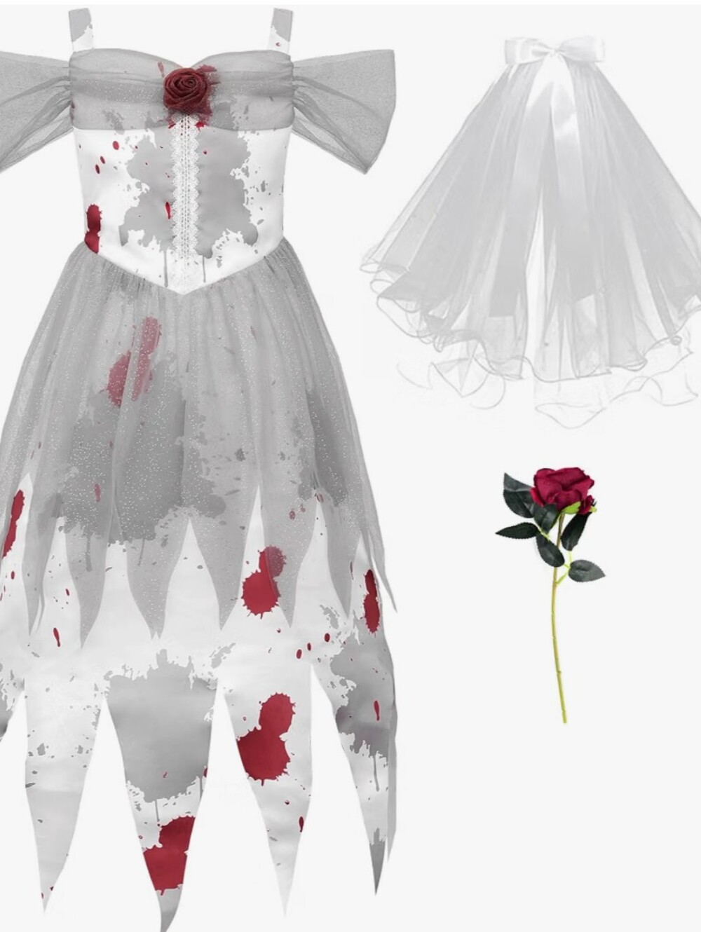 ReliBeauty Ghost Zombie Bride Costume for Girls with Veil and Flower
